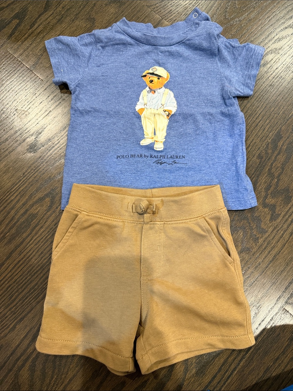 Ralph Lauren Blue Polo Bear Tee with Tan Shorts